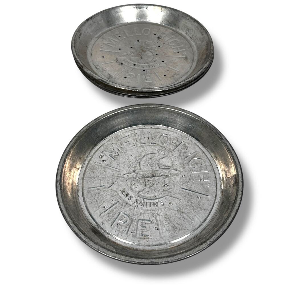 Vintage Mrs Smith's Mello-Rich Metal Pie Pan Plates‎ Silver Tone Lot of 5